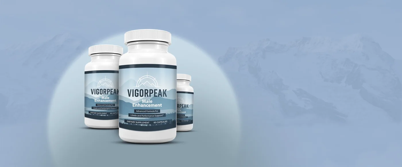 Vigor Peak male vitality supplement bottles on a mountain-blue background