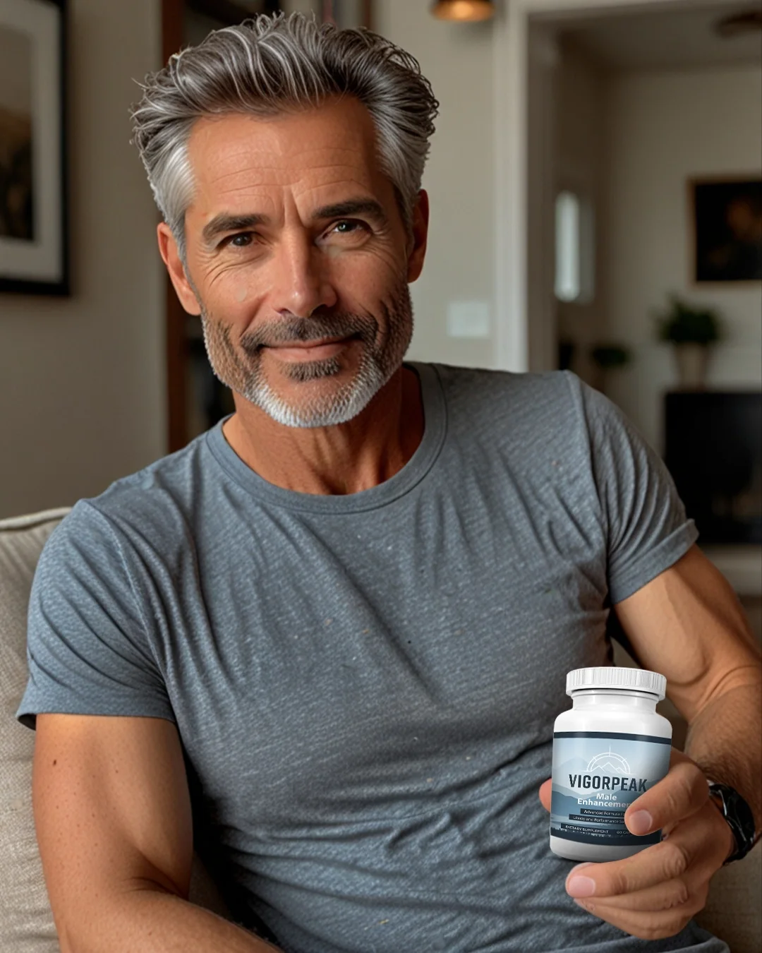 Man holding a bottle of Vigor Peak male vitality capsules at home