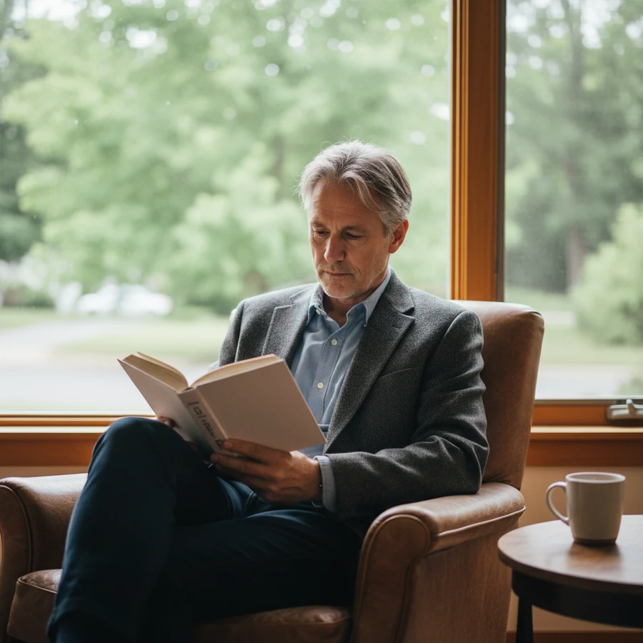 A man in his fifties relaxing at home, illustrating everyday vitality rather than a quick hormone fix
