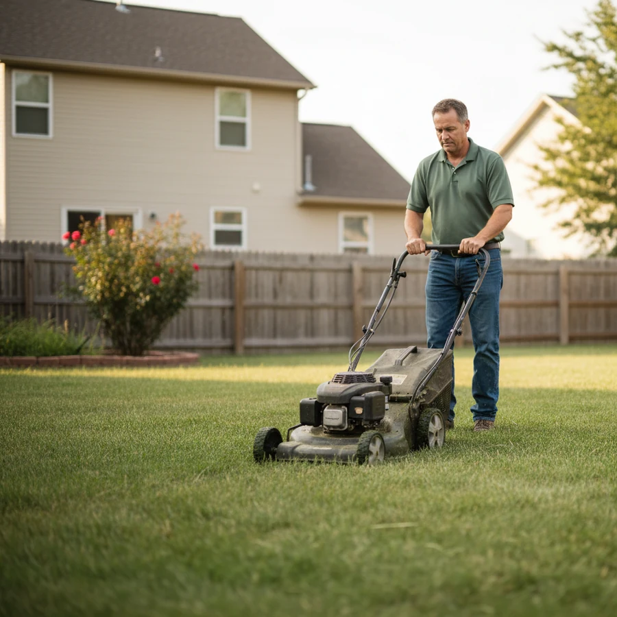 A man in his forties mowing the lawn, an example of everyday physical activity that supports male health