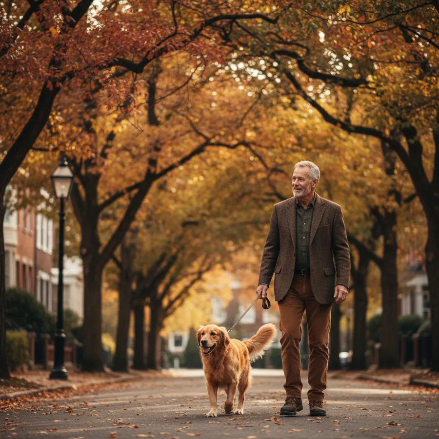 An older man walking a golden retriever outdoors, showing the everyday movement that supports vitality after 50